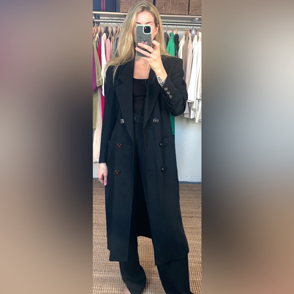 Vintage Louis Feraud Double Breasted Lightweight Wool Black Trench Coat Jacket - Picture 5 of 15